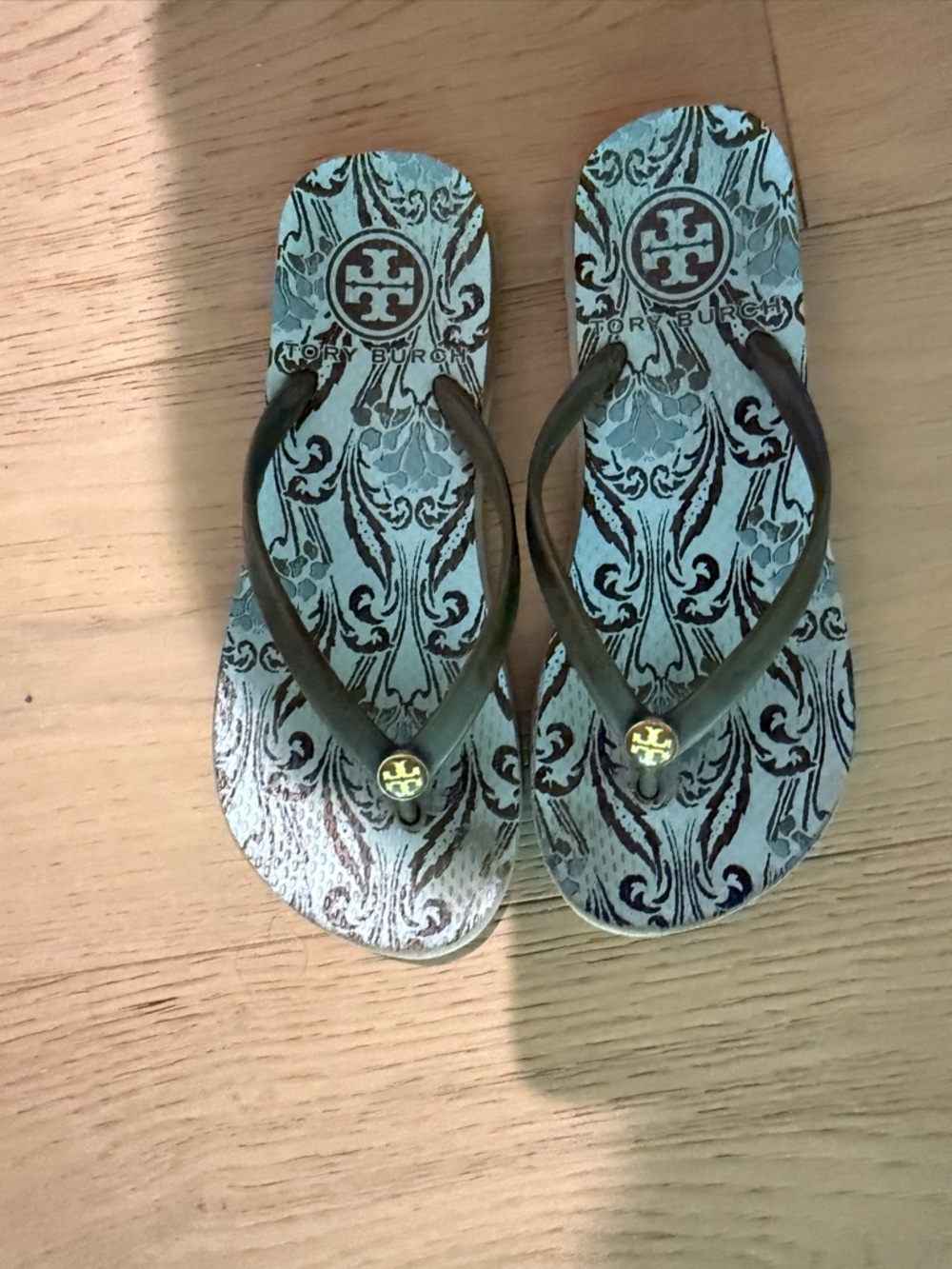 Tory Burch Brown-Strap Flip Flops with Blue Patterned Footbed